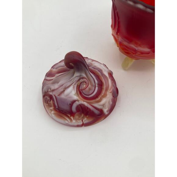 Vintage Red & White Slag Glass Covered Dish Candy Jar on Tripod Feet - Picture 7 of 10